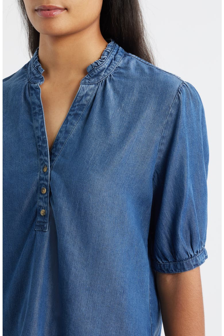 Puff Sleeve Half Placket Chambray Top, Alternate, color, DARK TWILIGHT WASH