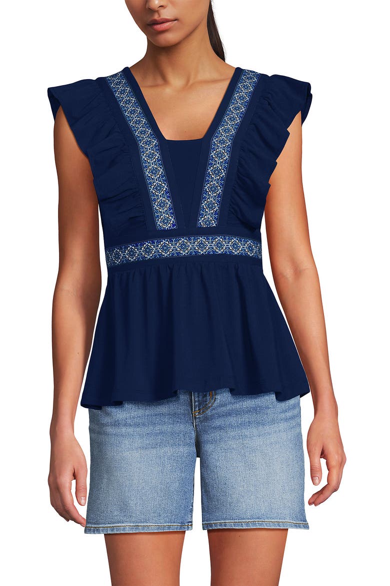 Lightweight Jersey Ruffle Peplum Top, Alternate, color, Deep Sea Mosaic Tile Border