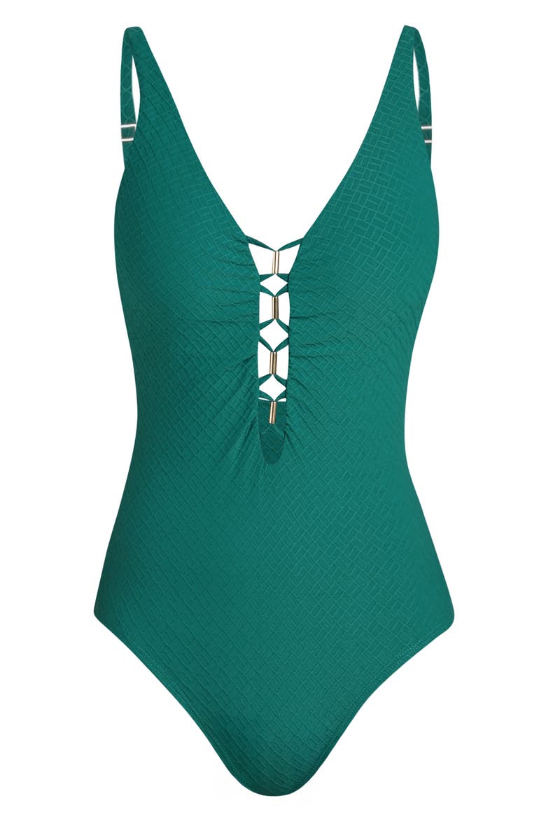 Textured Tides Lace-Up Plunge One-Piece Swimsuit, Alternate, color, JUNGLE