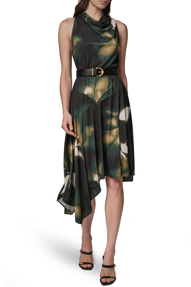 Floral Asymmetric Handkerchief Hem Dress, Main, color, OLIVE BRINE
