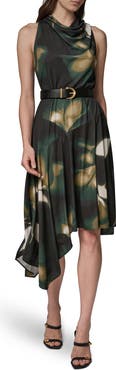 Donna Karan New York Floral Asymmetric Handkerchief Hem Dress