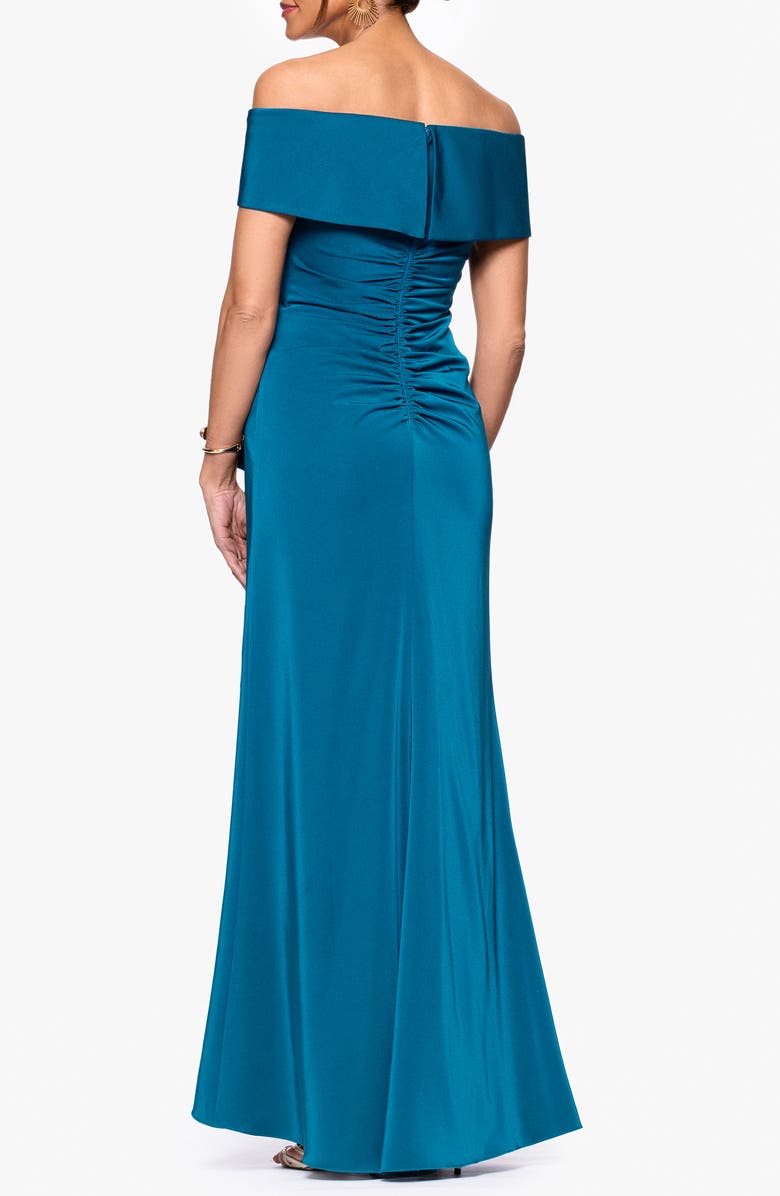 Xscape Evenings Ruffle Off the Shoulder Satin Faille Trumpet Gown, Alternate, color, Peacock