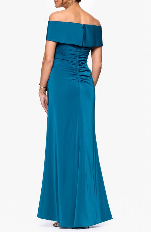 Xscape Evenings Ruffle Off The Shoulder Satin Faille Trumpet Gown In Blue