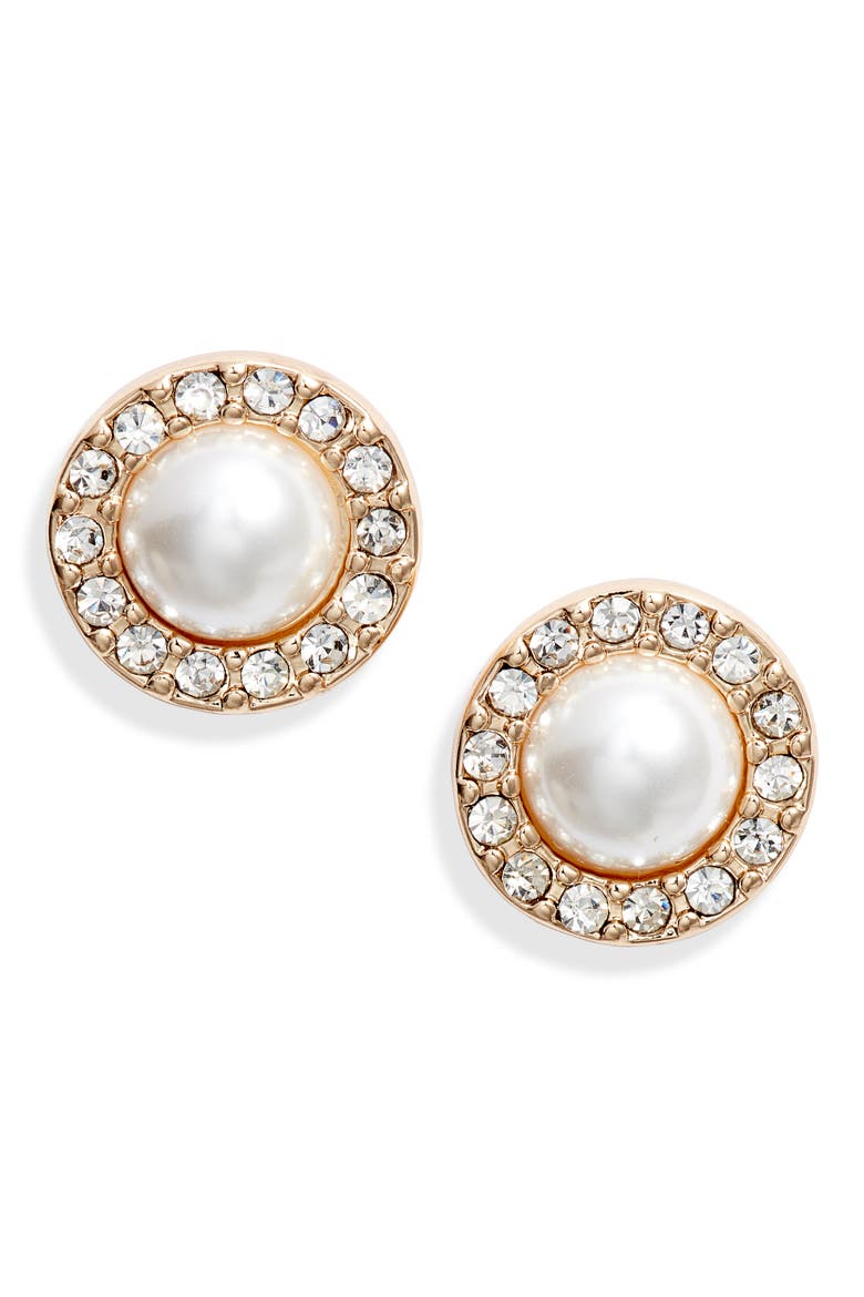 Pavé Crystal & Imitation Pearl Stud Earrings, Main, color, WHITE PEARL- GOLD