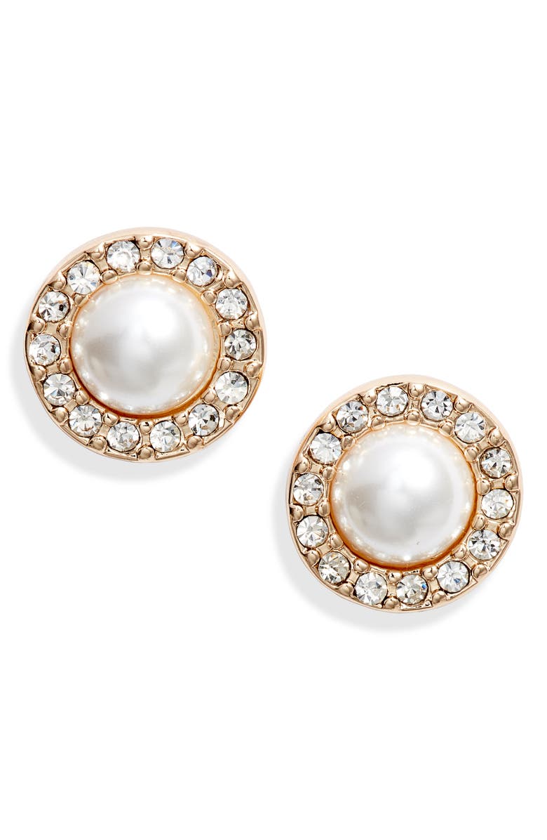 Rachel Parcell Pavé Crystal & Imitation Pearl Stud Earrings, Main, color, 