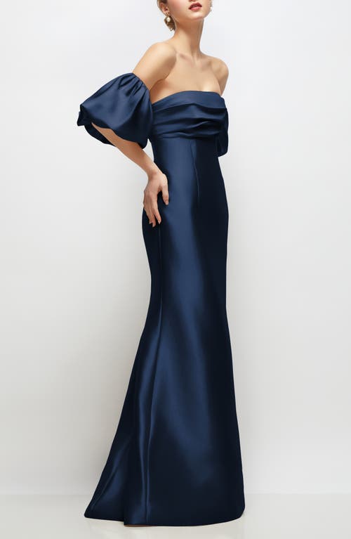 Alfred Sung Off The Shoulder Puff Sleeve Satin Gown In Blue