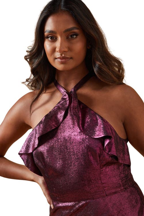Oasis Foil Halterneck Ruffle Foil Midaxi Dress In Pink