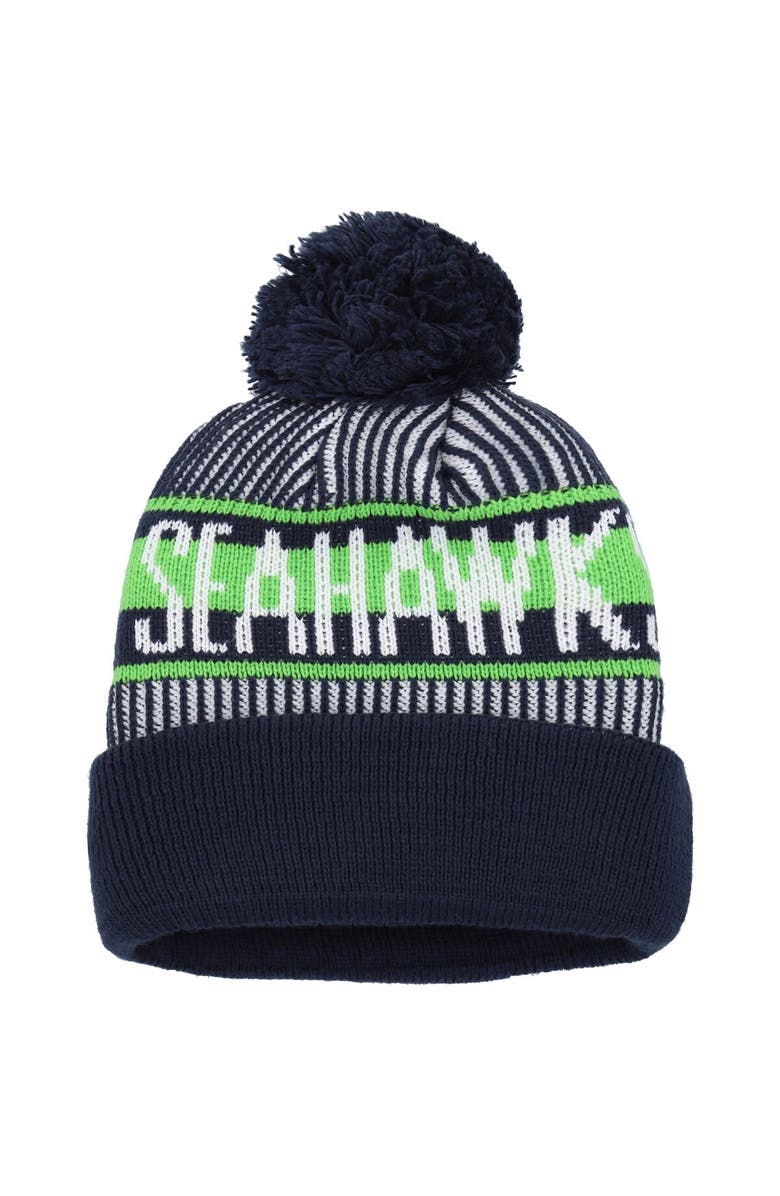 New Era Youth New Era College Navy Seattle Seahawks Striped Cuffed Knit Hat with Pom, Alternate, color, Navy