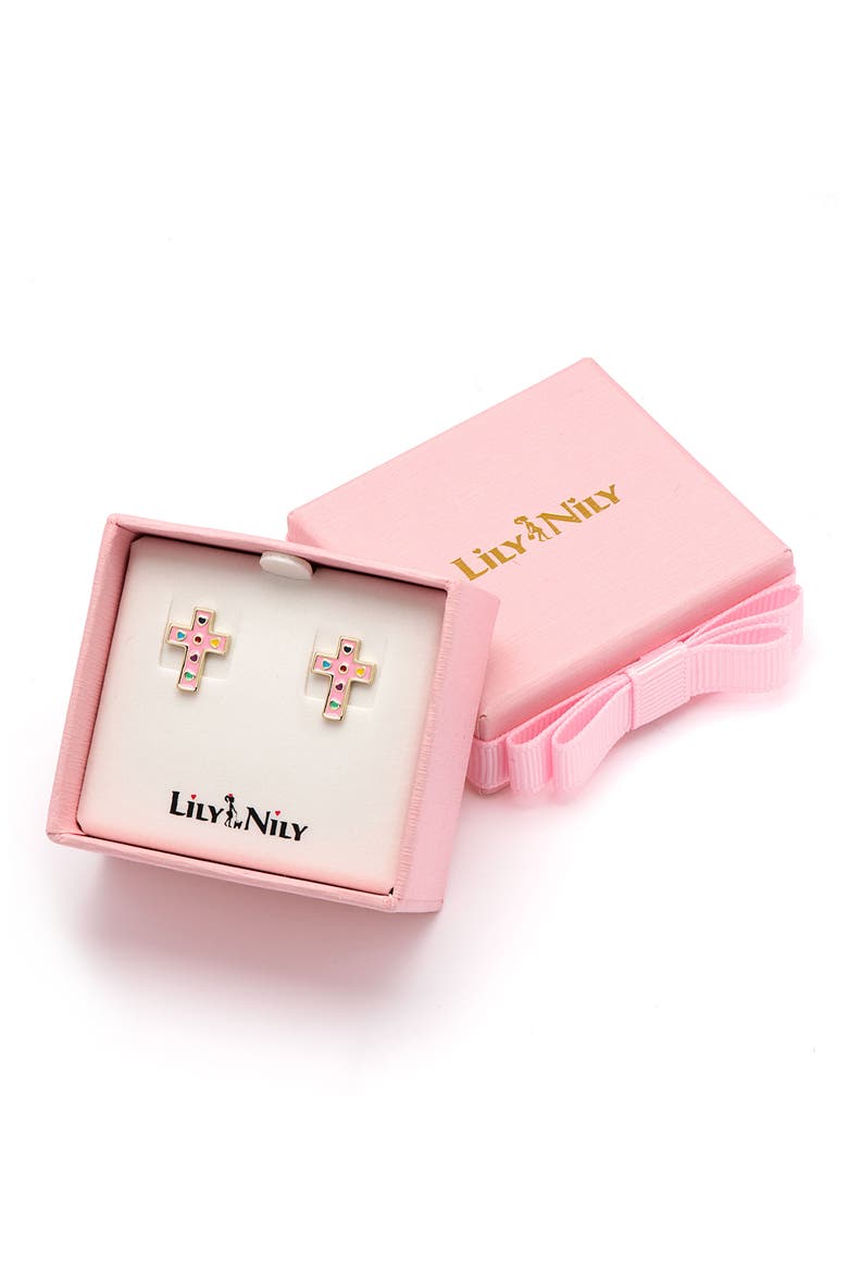 Kids' Cross Enamel Stud Earrings, Alternate, color, PINK