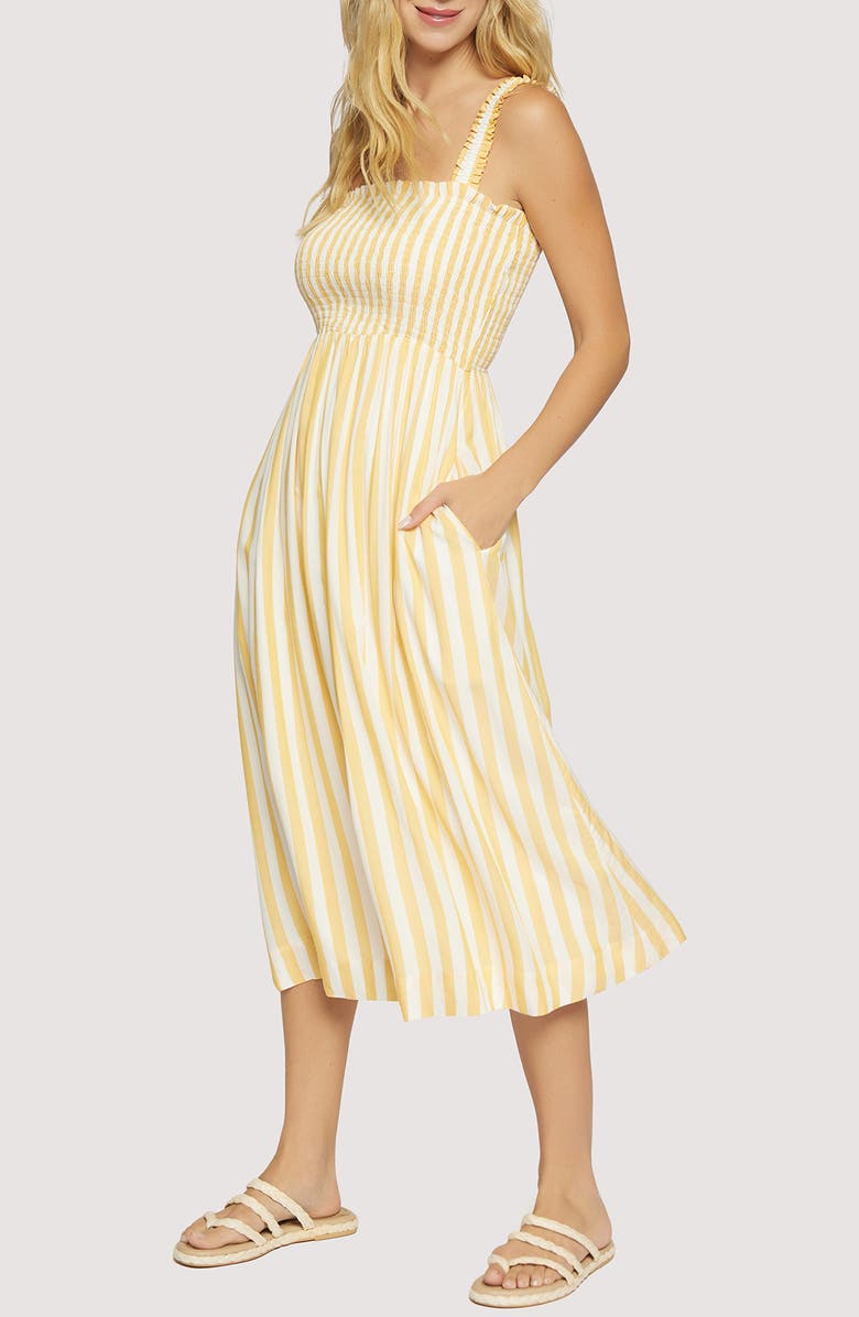 Lost + Wander Sunburst Glow Stripe Midi Sundress, Alternate, color, Yellow White