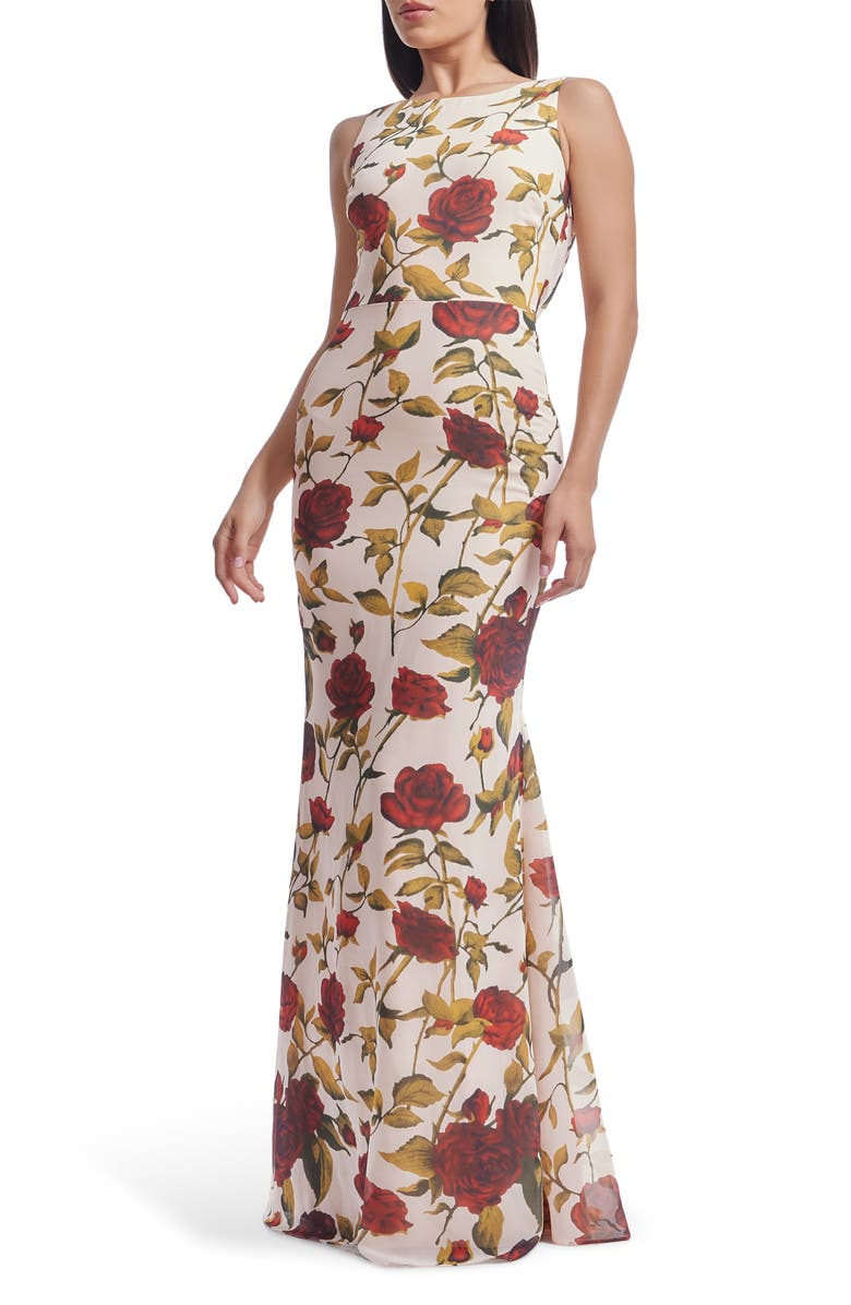 Dress the Population Cherilyn Floral Open Back Mermaid Gown, Alternate, color, Cream Multi