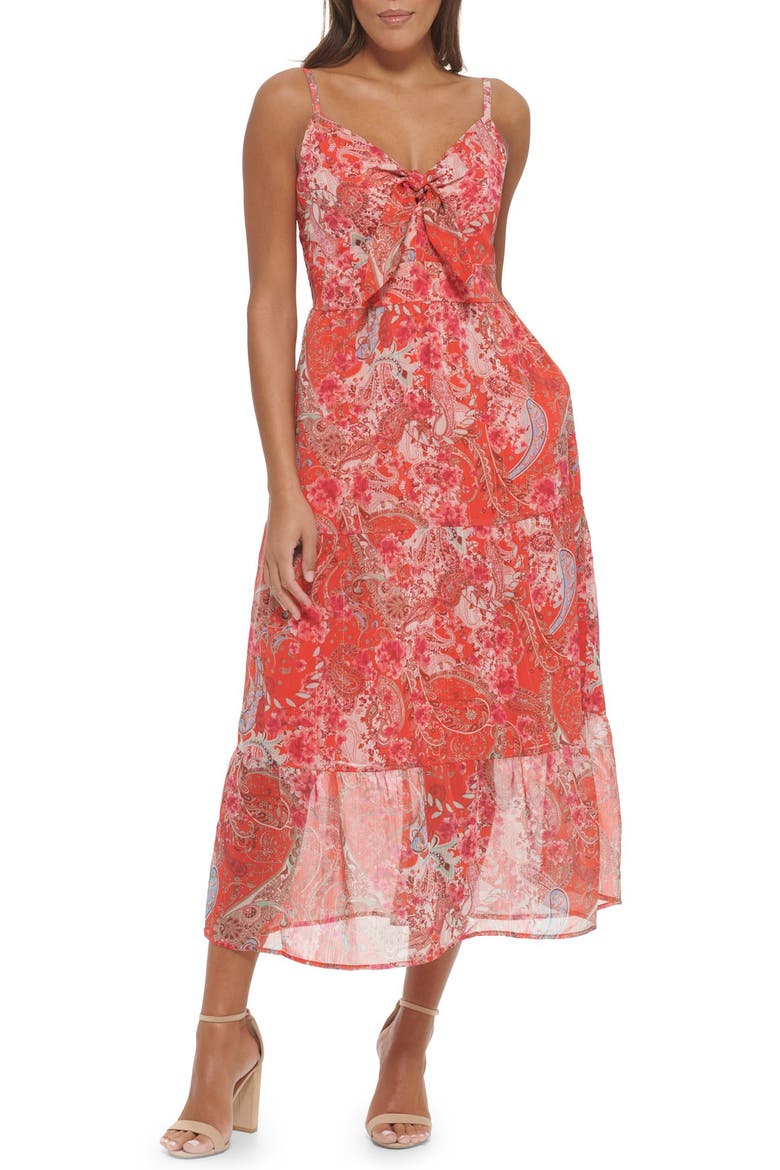 Lurex Chiffon Tiered Dress, Main, color, TANGERINA