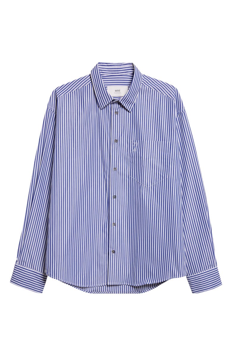 AMI PARIS Boxy Fit Ami de Coeur Stripe Cotton Poplin Button-Up Shirt, Alternate, color, Bleu Roi/ Blanc/ Noir