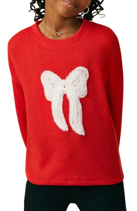 Kids' Beaded Lace Bow Ribbed Sweater