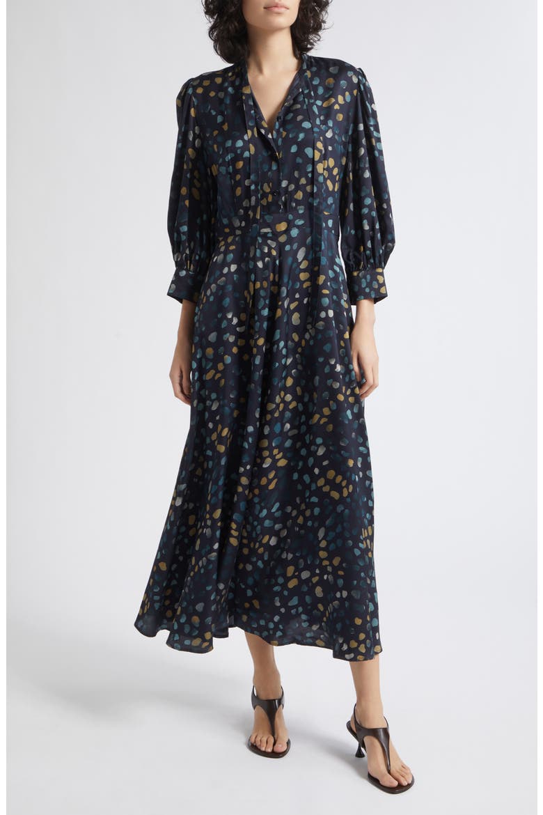 Painted Spot Tie Neck Midi Dress, Main, color, NAVY