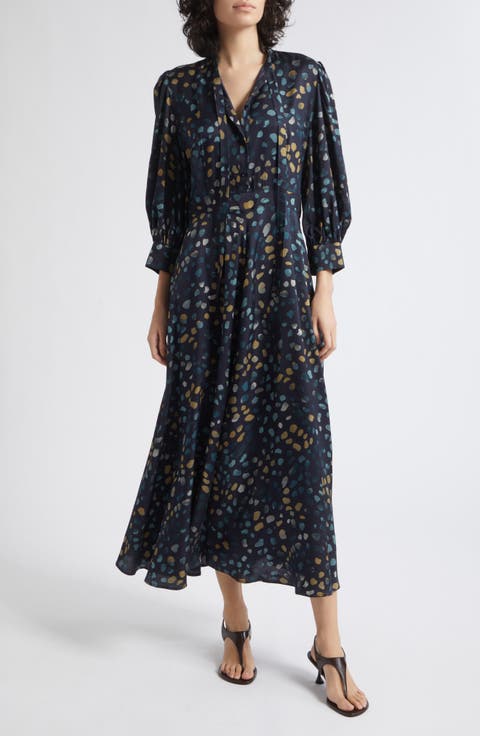 Painted Spot Tie Neck Midi Dress