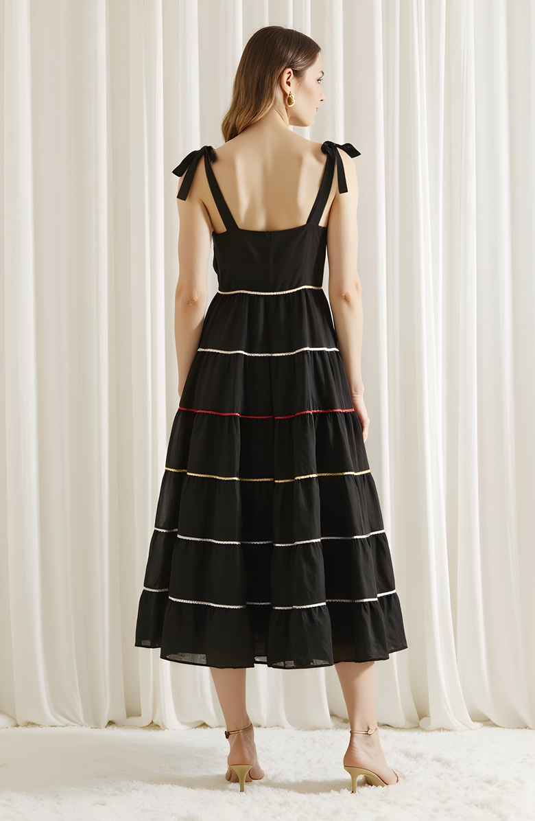 Modenaire Tiered Midi Dress with Contrast Stitching and Tie Shoulder Straps, Alternate, color, 