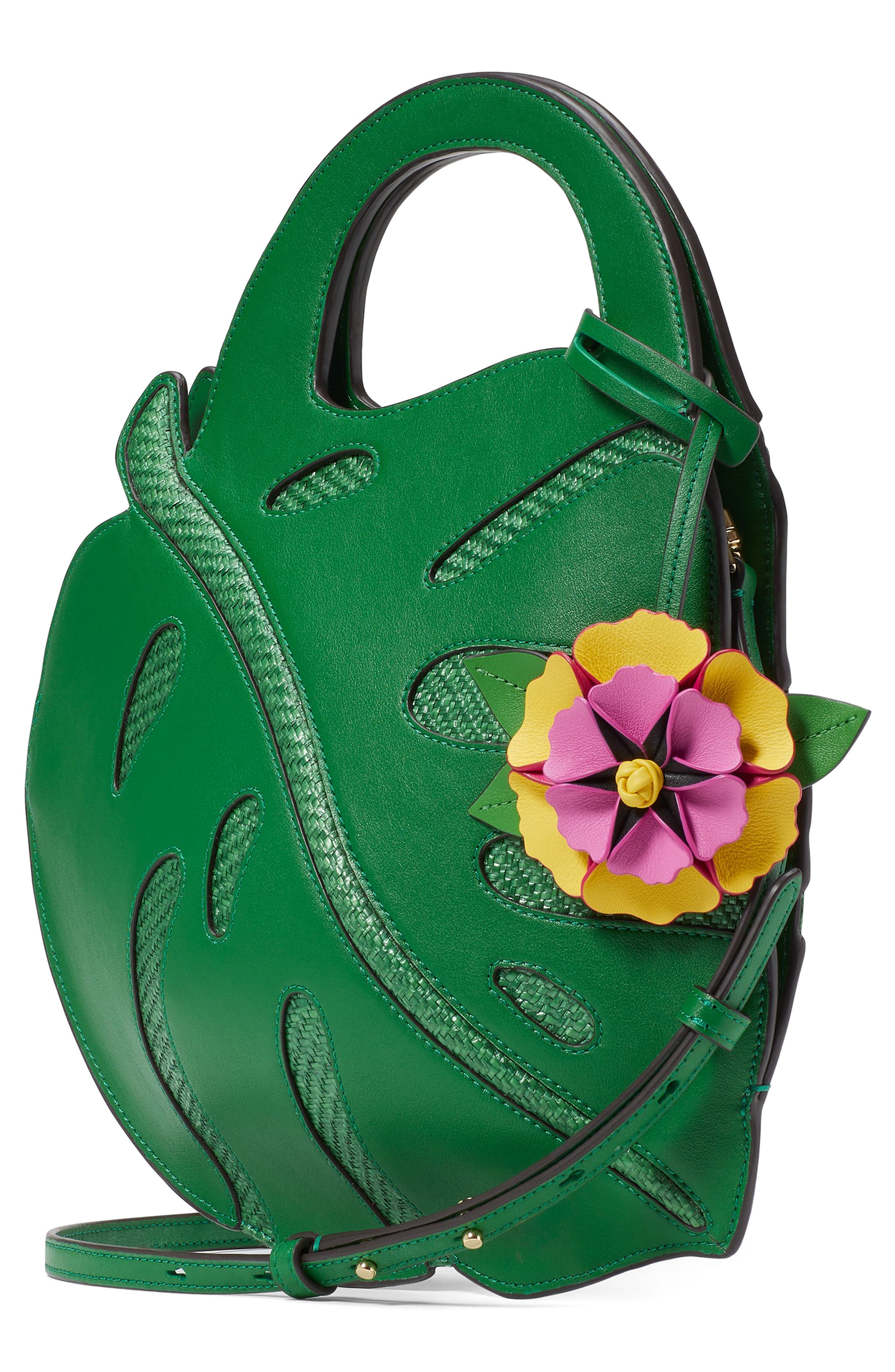 Kate Spade New York playa 3D leaf leather & straw top handle bag, Alternate, color, 