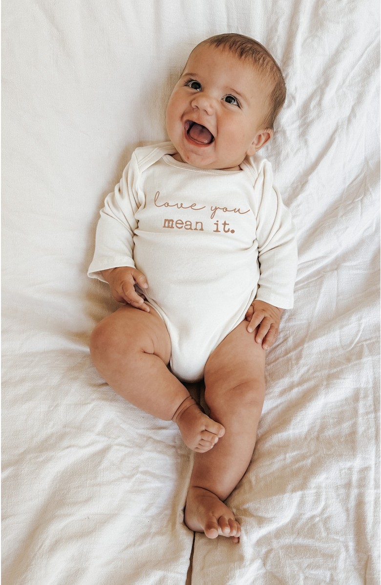 Tenth & Pine Love You Mean It - Organic Long Sleeve Baby Bodysuit, Alternate, color, Natural Clay Lettering