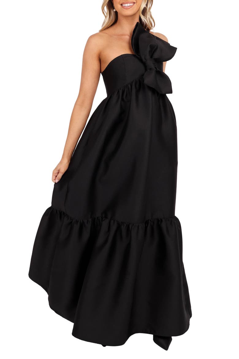 Betina Bow One-Shoulder Gown, Main, color, BLACK