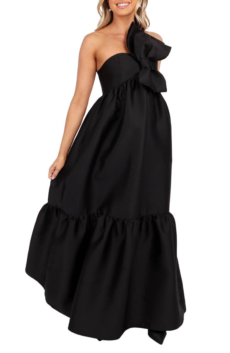 Petal & Pup Betina Bow One-Shoulder Gown, Main, color, Black