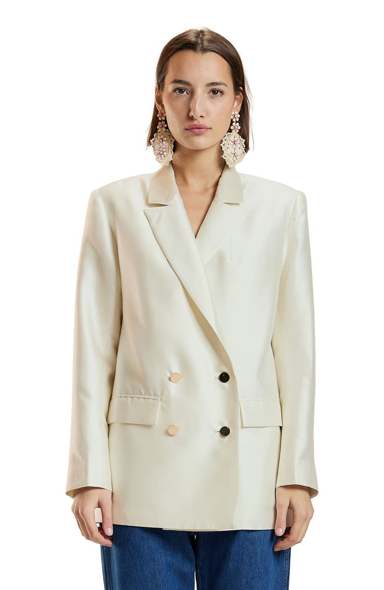 Cynthia Rowley Silk Wool Double Breasted Blazer, Alternate, color, White