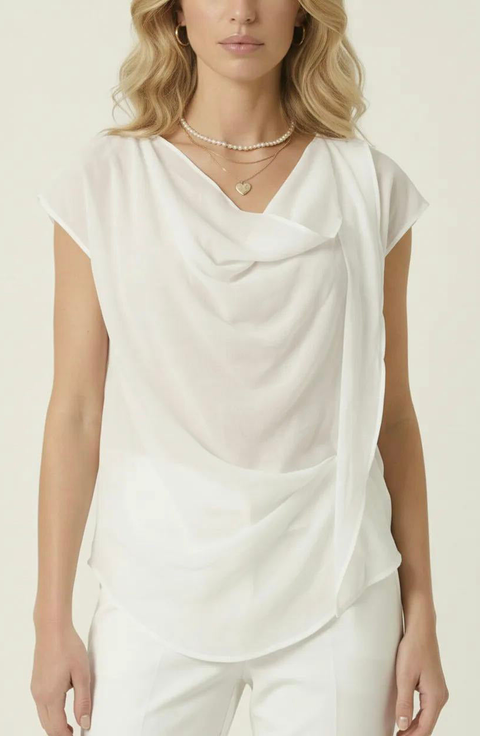 Draped Cowl Neck Top with Asymmetrical Overlay Detail