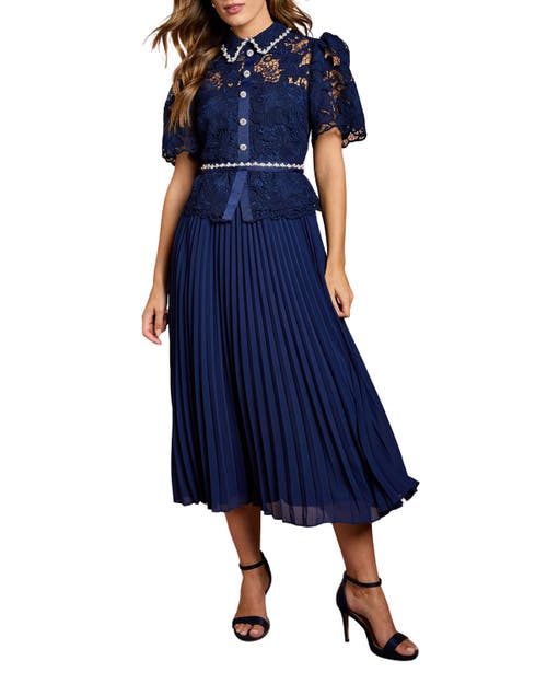 Coast Lace Top Pleat Skirt Jewel Button Dress in Navy 