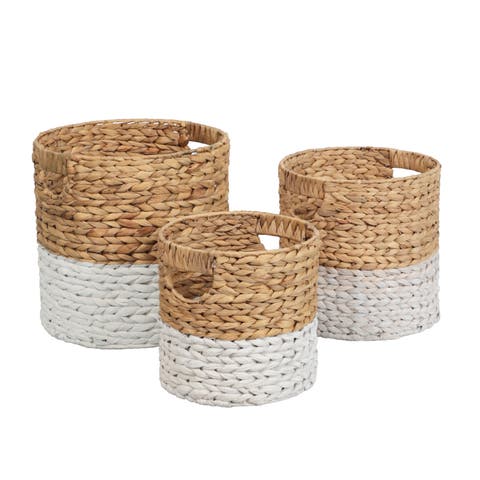 Avery Bohemian Cottage Handwoven Hyacinth Cylinder Nesting Baskets with Handles