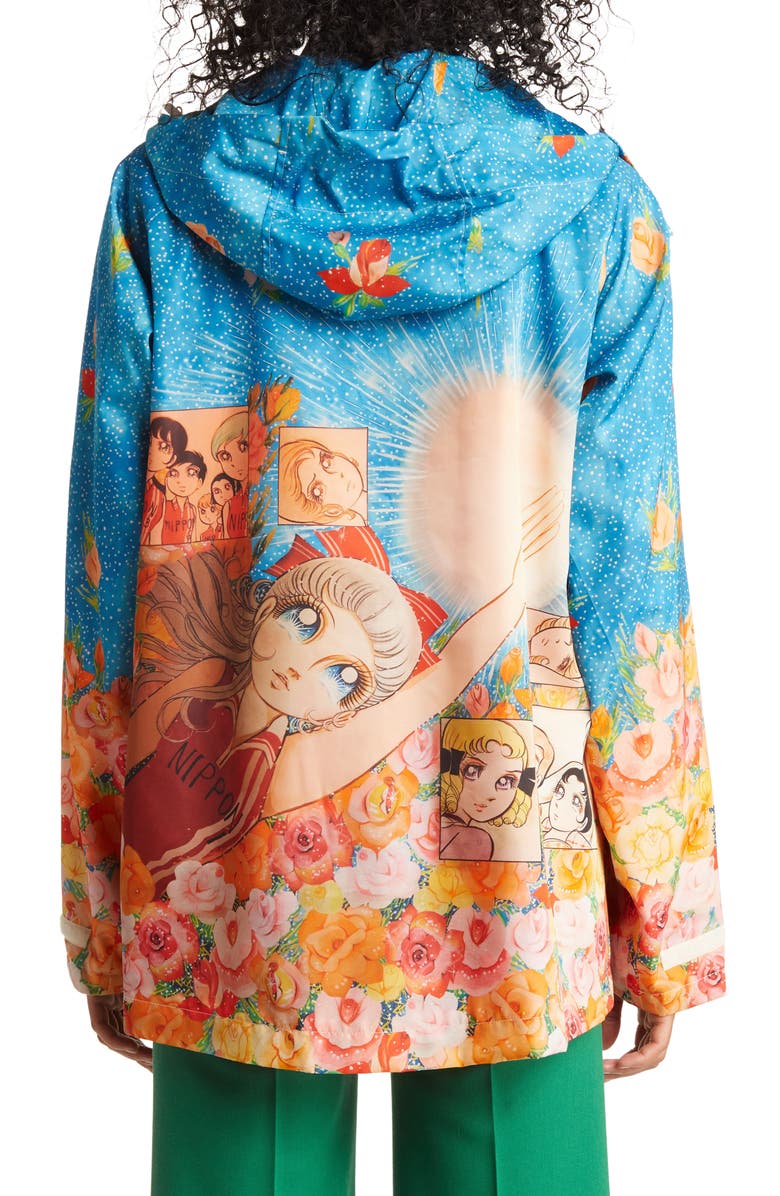 Gucci Manga Floral Print Windbreaker, Alternate, color, Turquoise