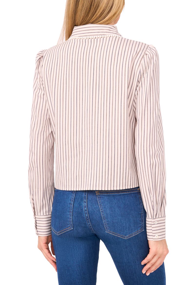 Faux Pearl Detail Stripe Cotton Button-Up Shirt, Alternate, color, SAFARI