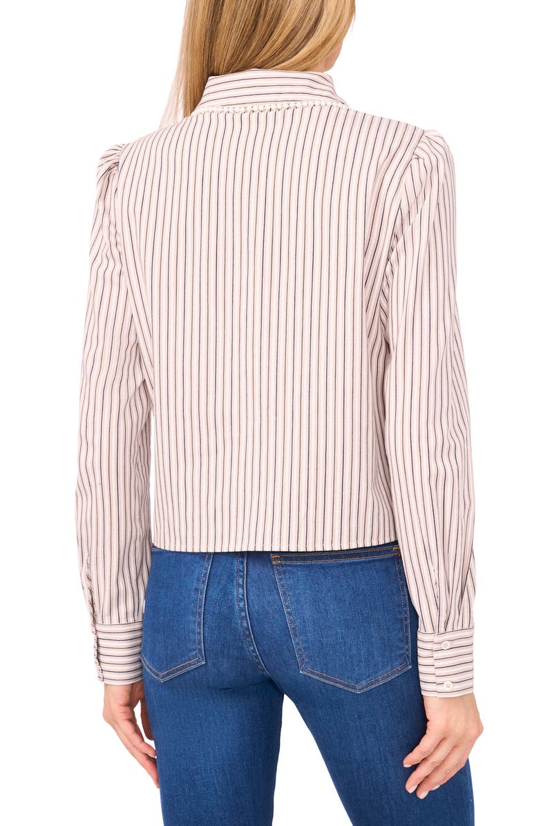CeCe Faux Pearl Detail Stripe Cotton Button-Up Shirt, Alternate, color, Safari