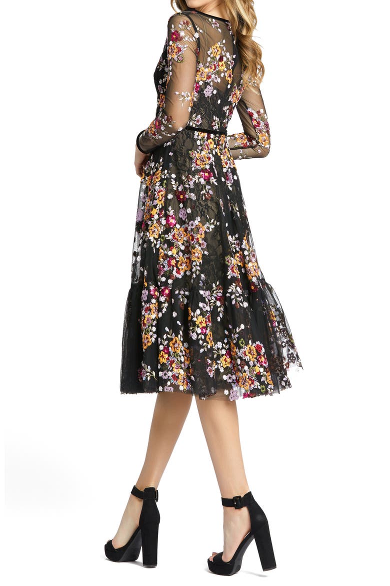 Black Floral Embroidered Tea Length Dress, Alternate, color, BLACK MULTI