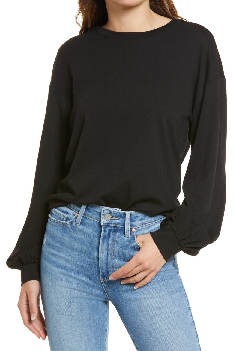 Blouson Sleeve Knit Top, Main, color, BLACK