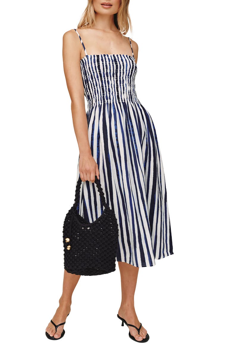 Smocked Linen Midi Dress, Main, color, PAINTED TIDES STRIPES