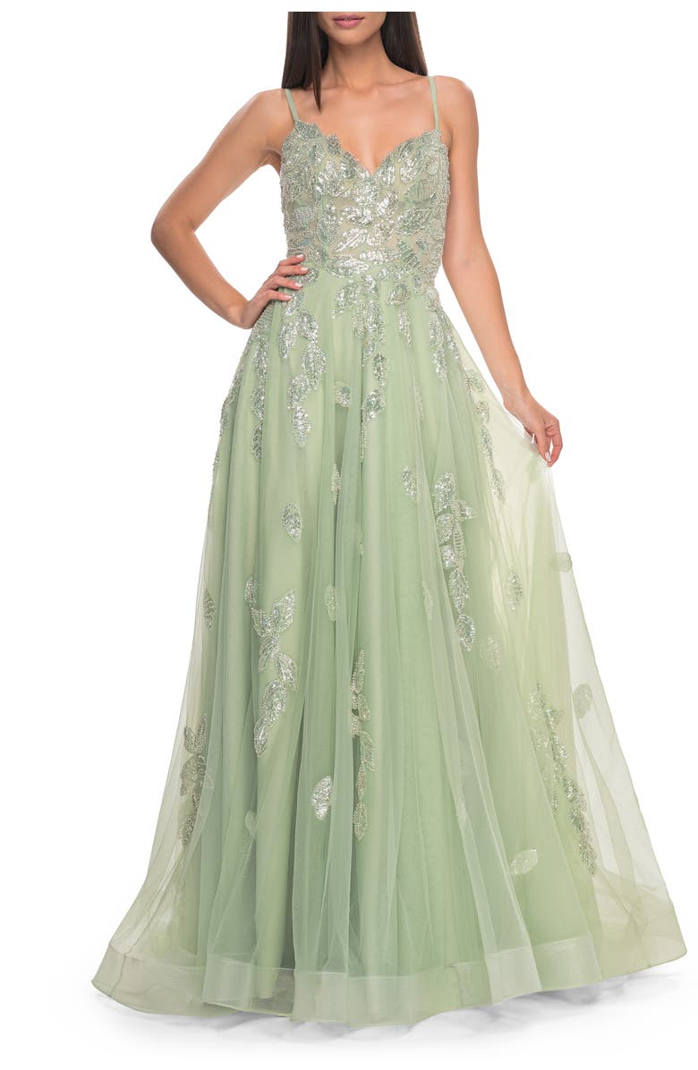 La Femme Two Tone Tulle A-Line Prom Dress with Floral Beaded Detail, Main, color, Sage