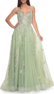 La Femme Two Tone Tulle A-Line Prom Dress with Floral Beaded Detail