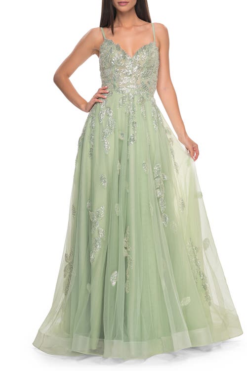 La Femme Two Tone Tulle A-Line Prom Dress with Floral Beaded Detail in Sage at Nordstrom, Size 00