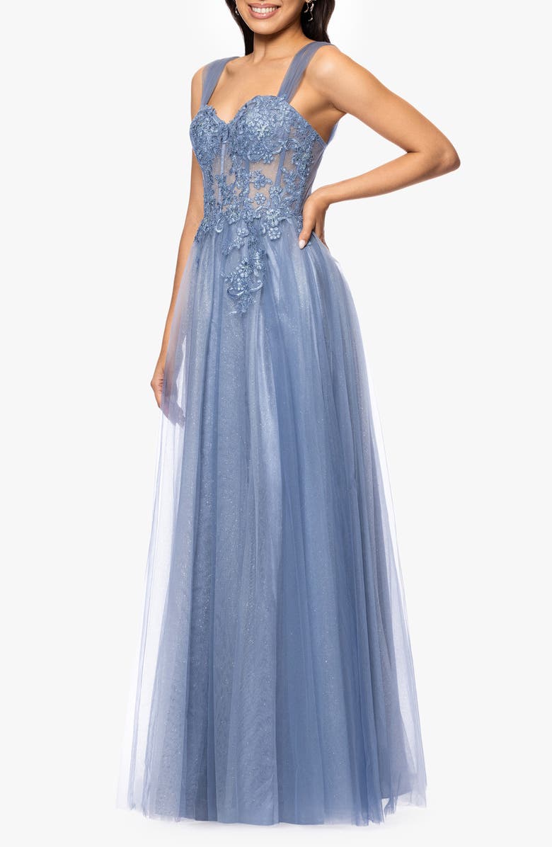 Blondie Nites Lace Embellished Corset Glitter Tulle A-Line Gown, Alternate, color,