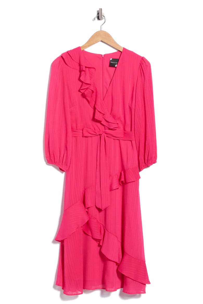 Ruffled Chiffon Midi Dress, Alternate, color, HOT PINK