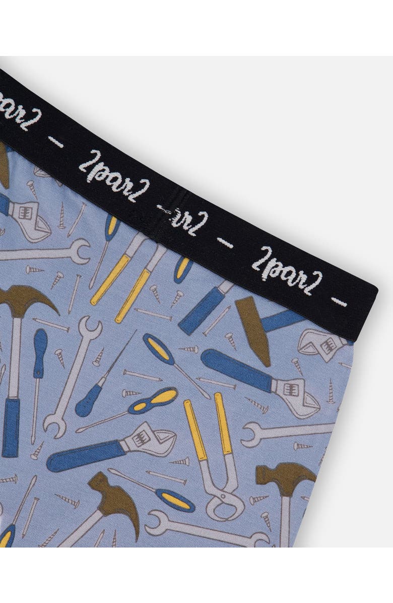 Deux par Deux Boy's Printed Organic Cotton Boxer Shorts Tools On Bluish Gray Background, Alternate, color, Tools On Bluish Gray