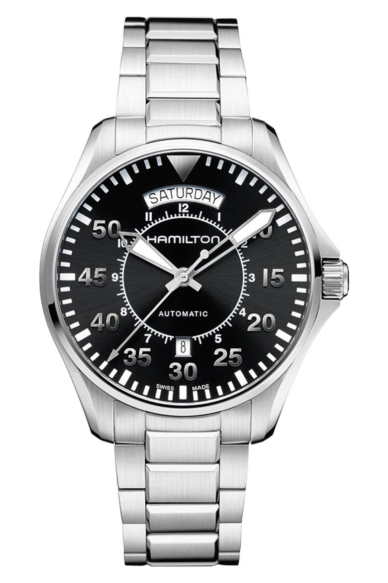 Khaki Aviation Automatic Bracelet Watch, 42mm, Main, color, SILVER/ BLACK/ SILVER