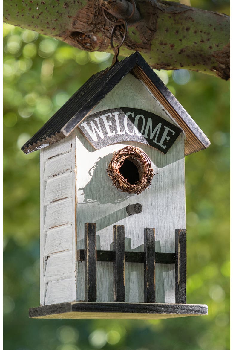 Washed White Distressed Solid Wood "HOME" or "WELCOME" Birdhouse, Alternate, color, Black