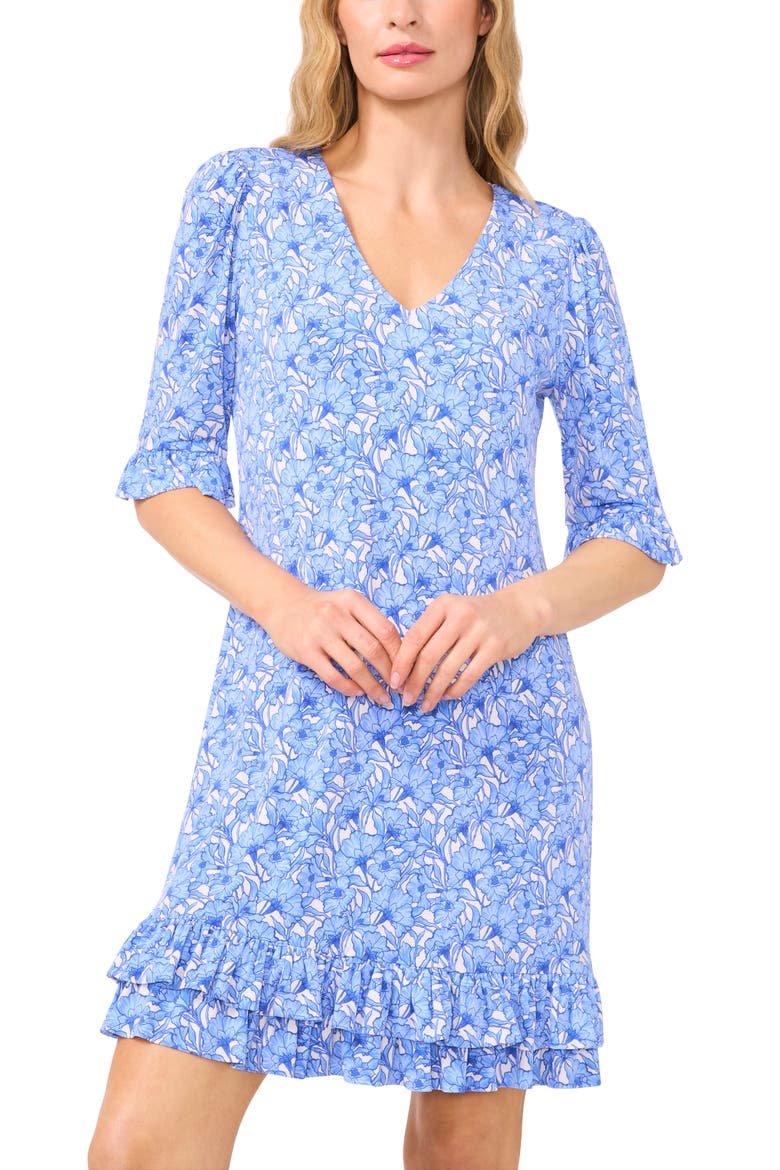 Floral Double Ruffle Hem Knit Dress, Alternate, color, BLUE/ NEW IVORY