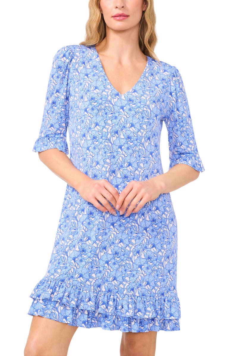 CeCe Floral Double Ruffle Hem Knit Dress, Alternate, color, Blue/ New Ivory