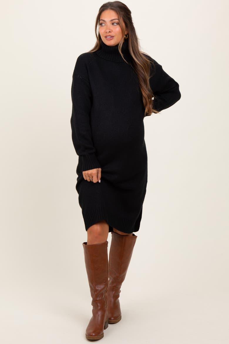 Turtleneck Side Slit Midi Sweater Dress, Main, color, Black