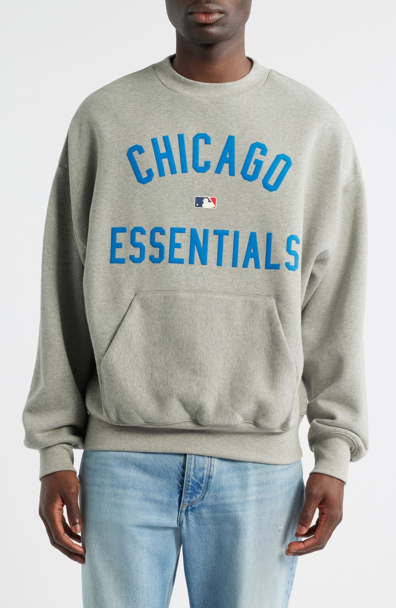 Fear of God Essentials MLB Cubs Sport Fit Cotton Graphic Crewneck Sweatshirt, Main, color, Warm Heather