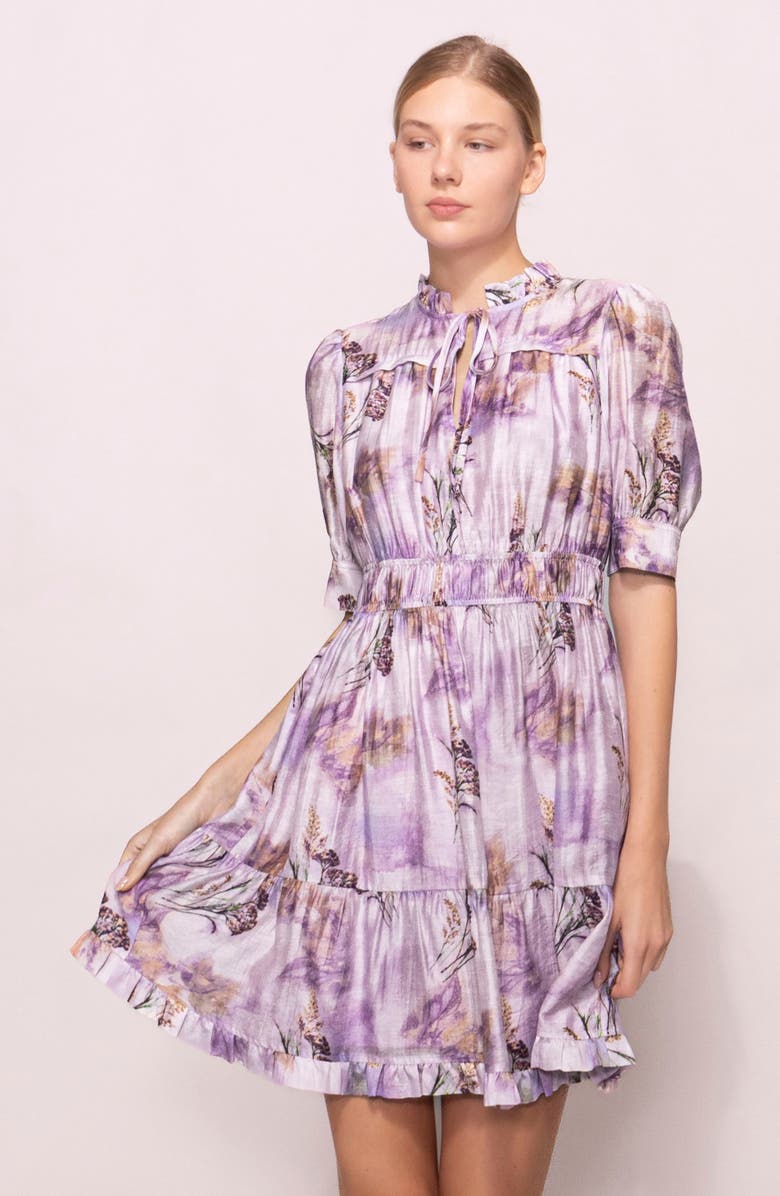 MELLODAY Printed Shirred Dress, Alternate, color, Lilac Multi
