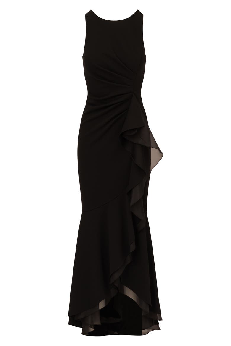Ruffle Crepe High-Low Gown, Alternate, color, BLACK