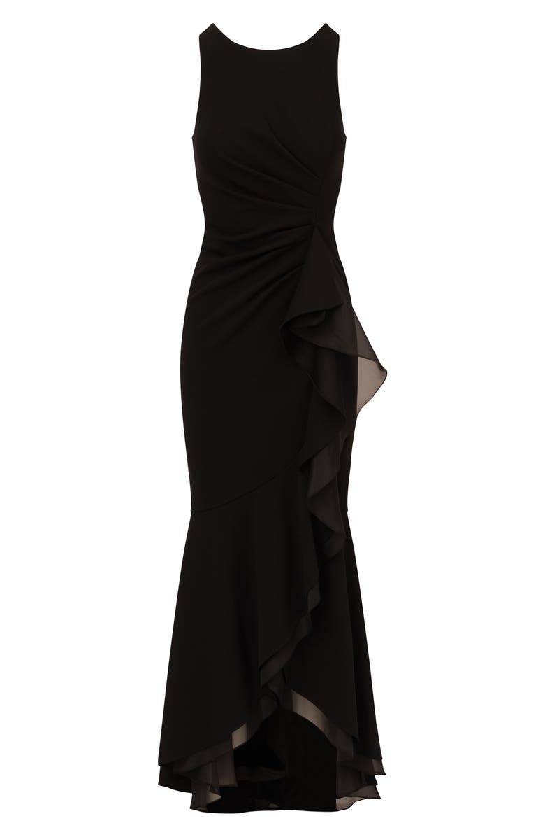 Adrianna Papell Ruffle Crepe Mermaid Gown, Alternate, color, Black